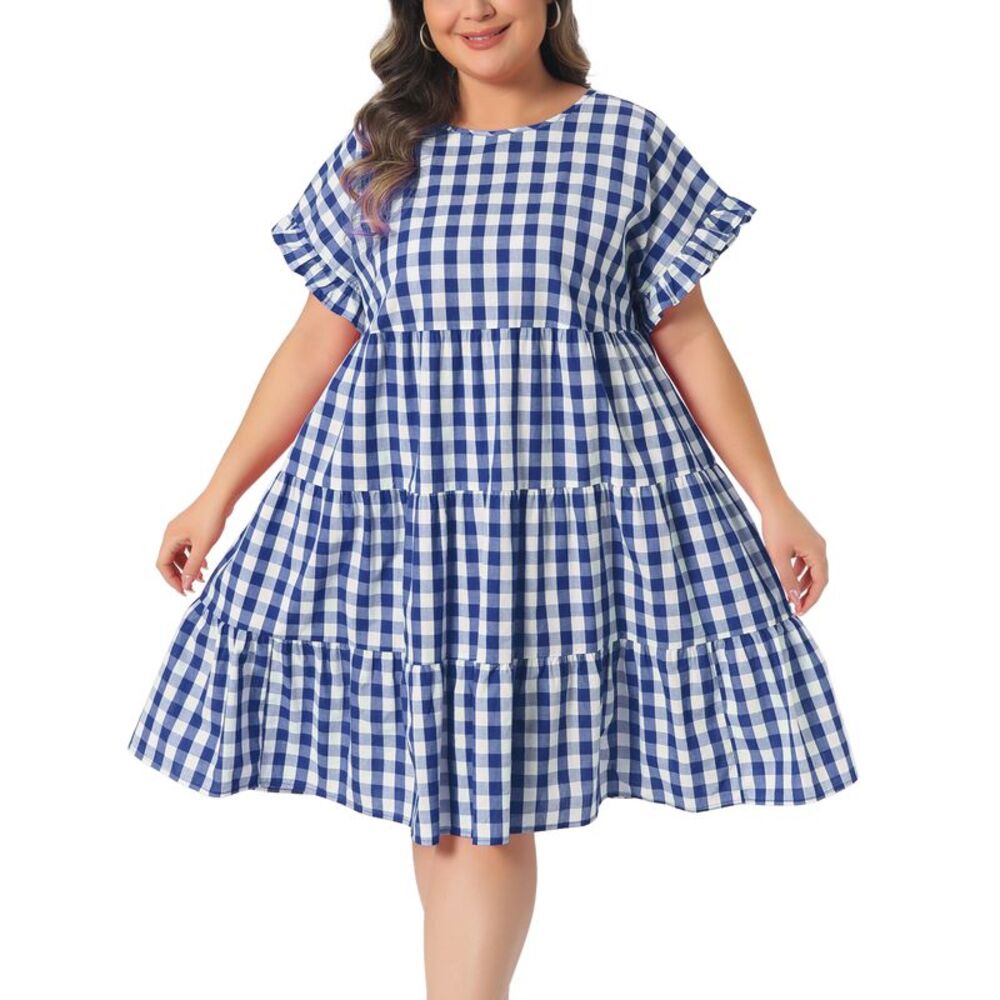 Women Plus Size Ruffle Sleeve Tiered Babydoll Gingham Dress Royal Blue